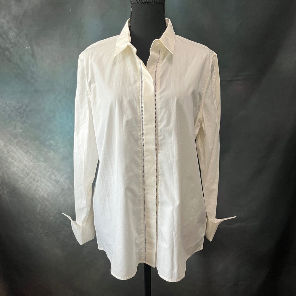 Equipment Femme White Cotton Ladder Lace Trim Button Down Shirt XL